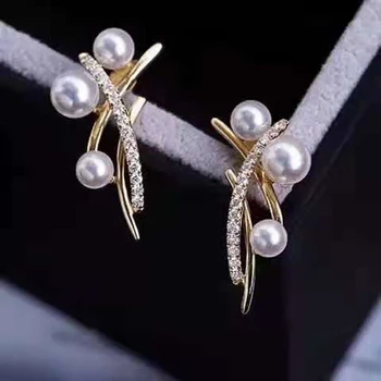 Huitan Cross Line Simulated Pearl Earrings for Girls Fresh Gold Color Ear Piercing Women Accessories Daily Wear Delicate Jewelry