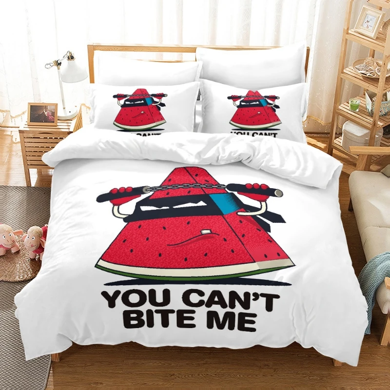 Hot style 3D digital watermelon printing 100% Polyester bedding set 1 duvet cover + 1/2 pillowcases bed in a bag US/EU/AU size.
Hot style 3D digital watermelon printing 100% Polyester bedding set 1 duvet cover + 1/2 pillowcases bed in a bag US/EU/AU size.