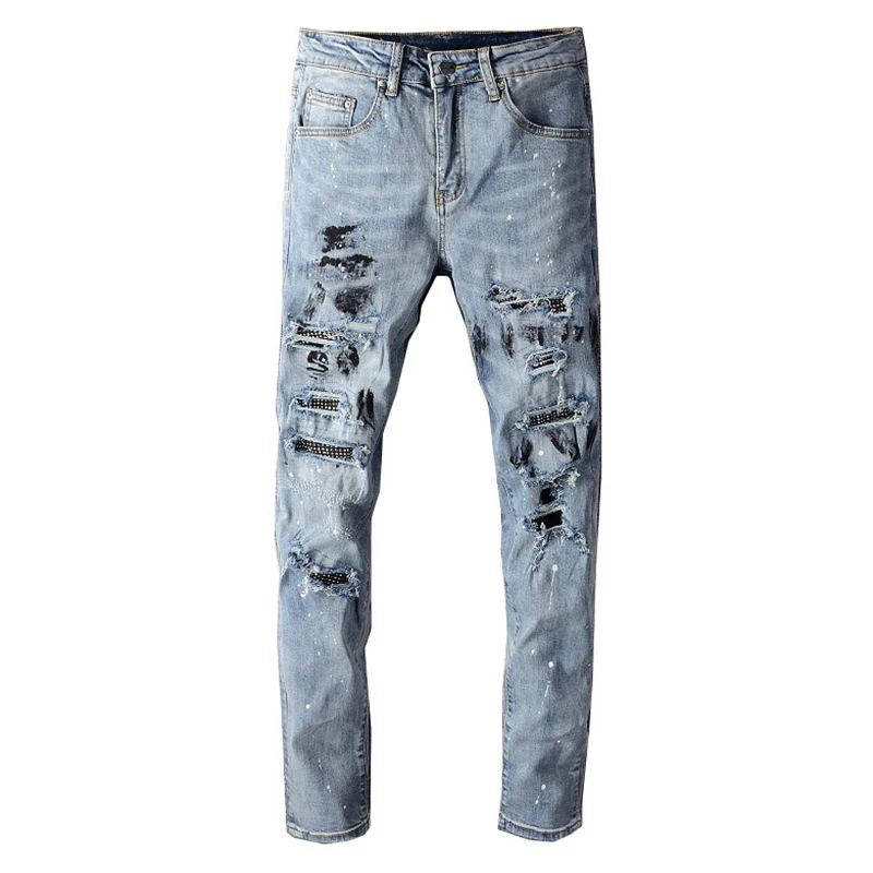 

Мужские рваные джинсы Gzdeerax, светло-голубые зауженные штаны с дырками, стрейч из денима, карандаш, роскошная уличная одежда с чернилами, 40