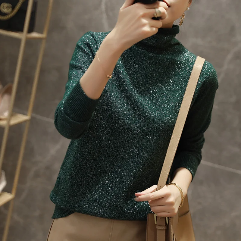 Блестящий женский свитер с высоким воротником Осень-зима 2022 корейский уличный