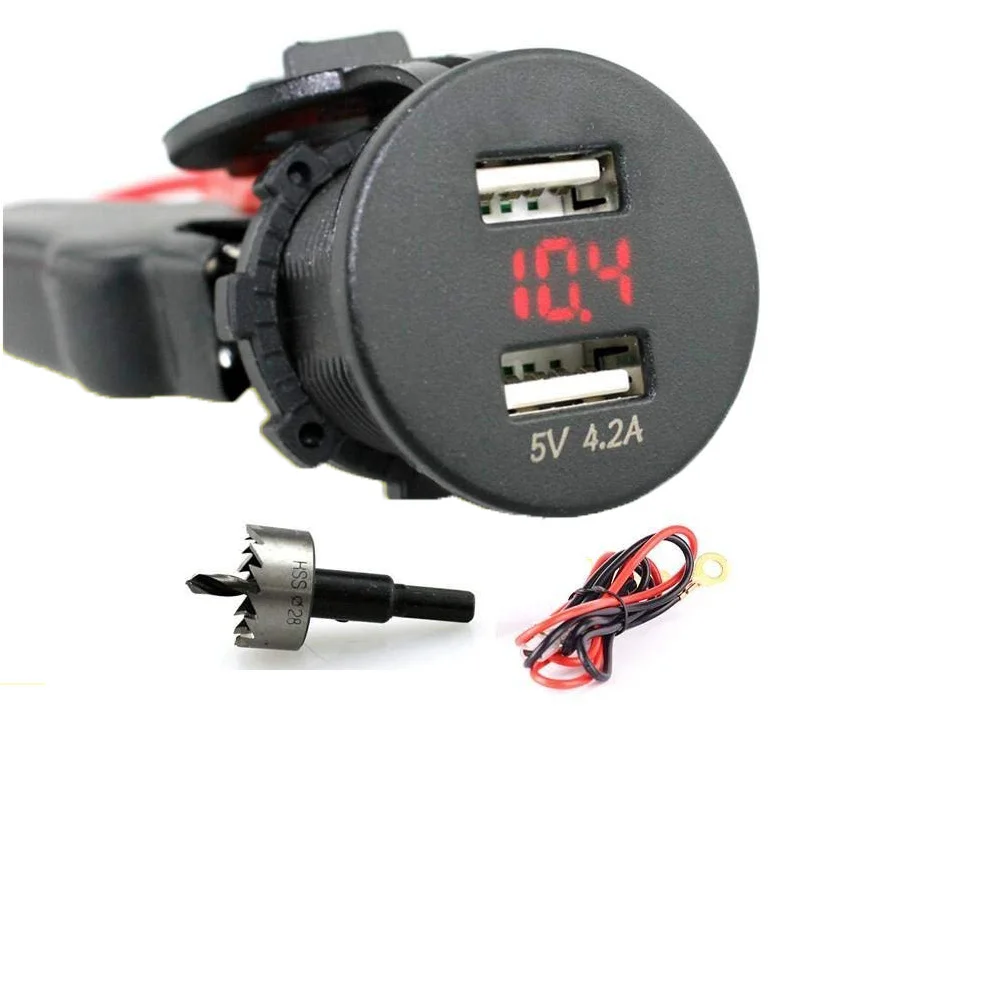 2.1A Waterproof Dual USB Charger Power Supply Socket With Red Voltmeter And 60cm Cords Fuse Holder Twist Drilling Hole punch
2.1A Waterproof Dual USB Charger Power Supply Socket With Red Voltmeter And 60cm Cords Fuse Holder Twist Drilling Hole punch
