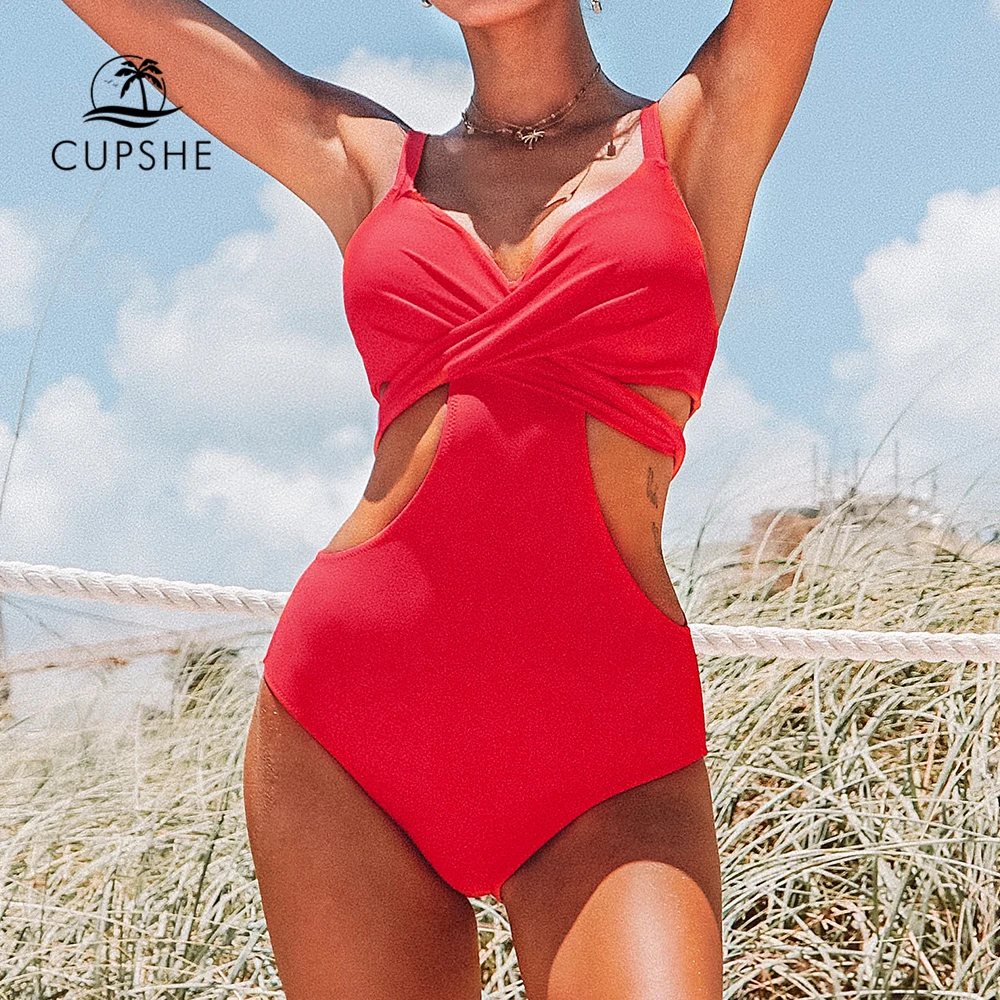Фото CUPSHE красный цельный купальник с вырезами и формованными чашками женский