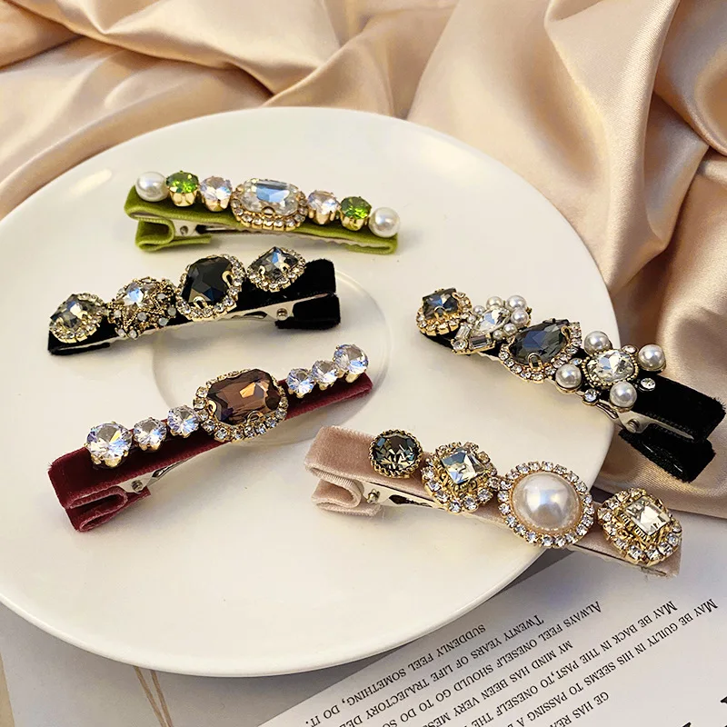 

2022 Colored Baroque Gem Barrette Hair Clips For Women New Shiny Luxury Crystal Vintage Pearl Spring Clips Bridals Hairpins