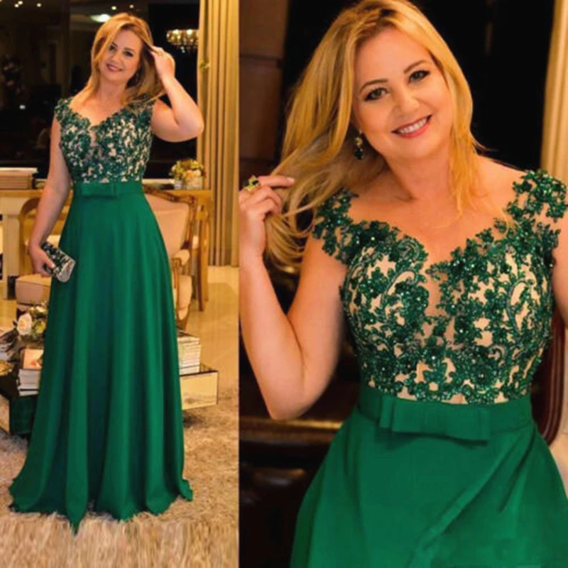 

Grace Green Evening Dresses V-neck Sleeveless Formal Party Gowns Satin A-line Lace Beading Evening Gowns for Women