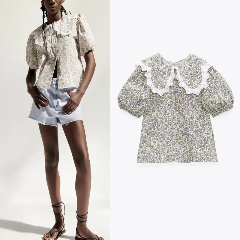 2021 Za Summer Floral Print Shirt Women Short Puff Sleeve Embroidered Applique Collar Chic Blouses Front Bow Button Vintage Tops
2021 Za Summer Floral Print Shirt Women Short Puff Sleeve Embroidered Applique Collar Chic Blouses Front Bow Button Vintage Tops