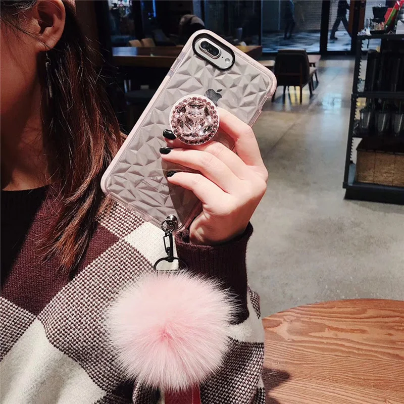 Luxury Fur Ball Kick stand holder Cover Case For iPhone 11 Pro XS Max XR X 8 7 6 6S Plus Transparent Soft Cases Glitter Shell | Мобильные