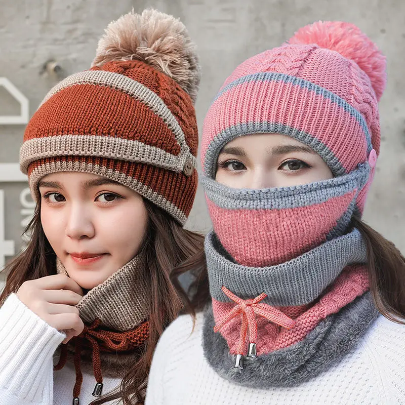 Women's Winter Hat Mask Bib 3 Piece Set Velvet Thick Knitted Hat Warm Ear Protection Mixed Color Woolen Hat for Women Caps
Women's Winter Hat Mask Bib 3 Piece Set Velvet Thick Knitted Hat Warm Ear Protection Mixed Color Woolen Hat for Women Caps