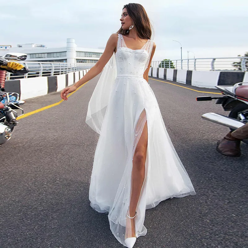 Elegant Beaded Wedding Dresses Pearl Floor-length Shawl V Neck High Split Lace Up A Line Sweep Train A Line Bridal Gowns
Elegant Beaded Wedding Dresses Pearl Floor-length Shawl V Neck High Split Lace Up A Line Sweep Train A Line Bridal Gowns