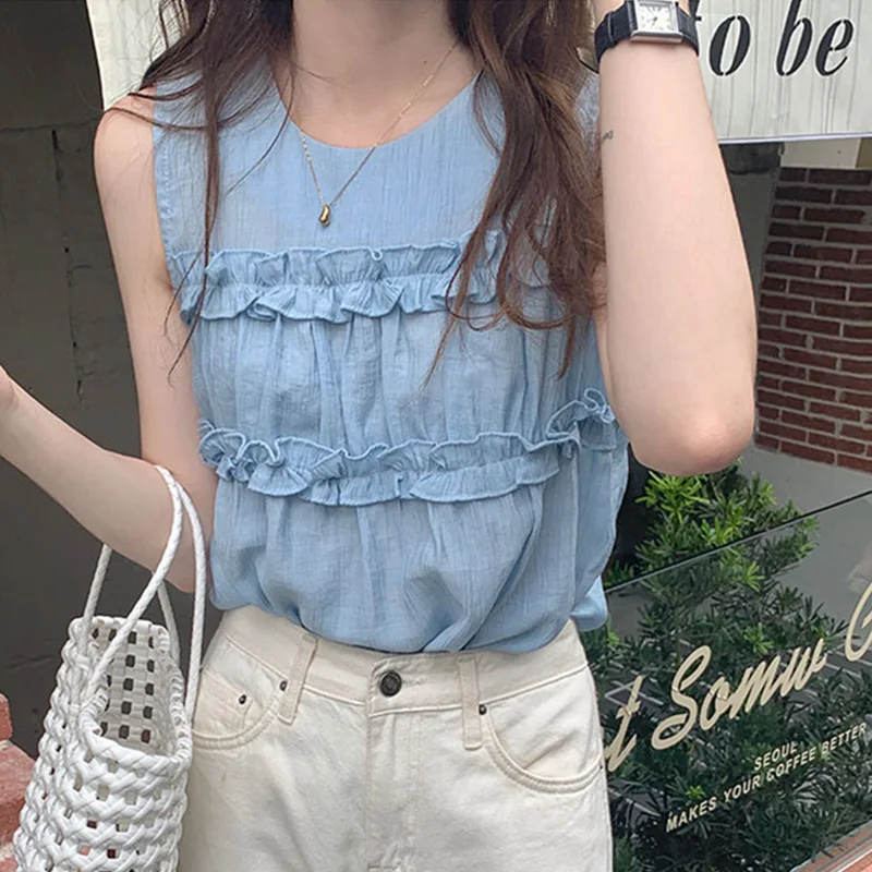Sleevelss Summer Tank Tops Ruffles Loose Casual Korean Shirts Patchwork 4 Colors Streetwear Ins Cotton Sweet Girls Kawaii
Sleevelss Summer Tank Tops Ruffles Loose Casual Korean Shirts Patchwork 4 Colors Streetwear Ins Cotton Sweet Girls Kawaii