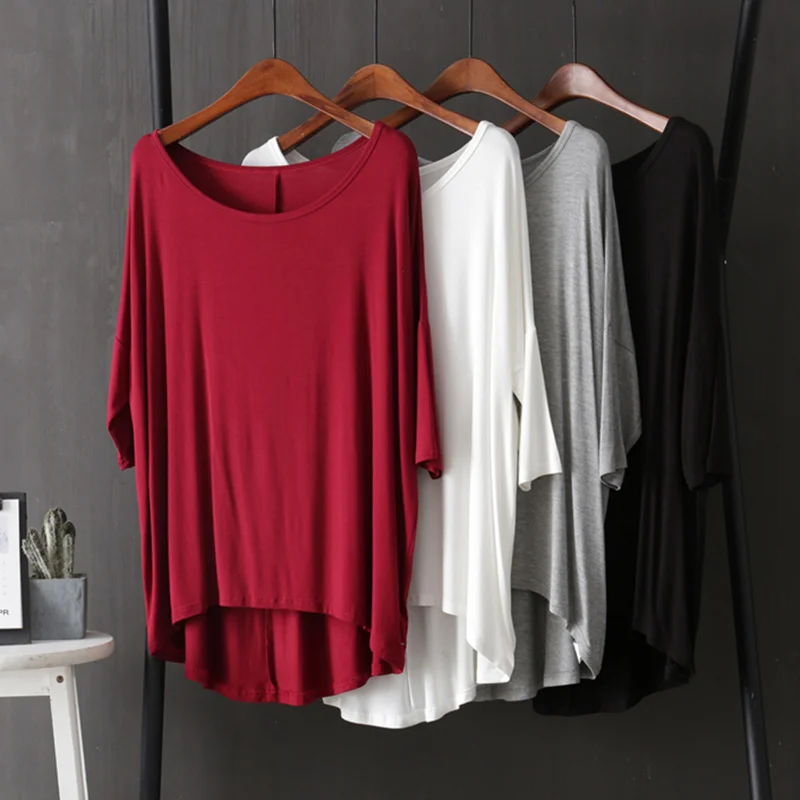 

Summer New Modal Loose Women T-shirts Solid Slash Neck Half Sleeved Loose Oversized Casual All Match Female Pulls Tops Tees