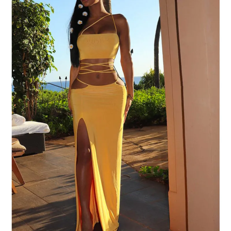 New Style Backless Bandage Skirt Sexy Two Piece Set Women High Split Maxi Skirt With Halter Top Party Vacation Beach Summer 2021
New Style Backless Bandage Skirt Sexy Two Piece Set Women High Split Maxi Skirt With Halter Top Party Vacation Beach Summer 2021