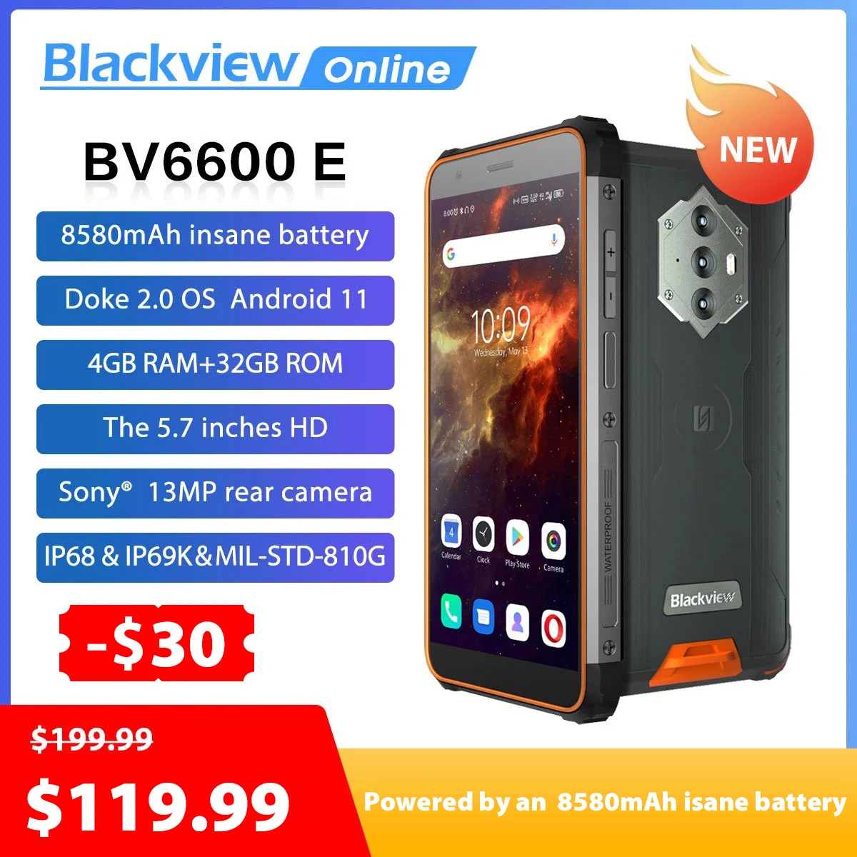 

Blackview BV6600E Cell Phone IP68 Rugged Smartphone 4GB 32GB Octa Core 13MP Camera 8580mah Android 11 Mobile Phones 5.7" Celular