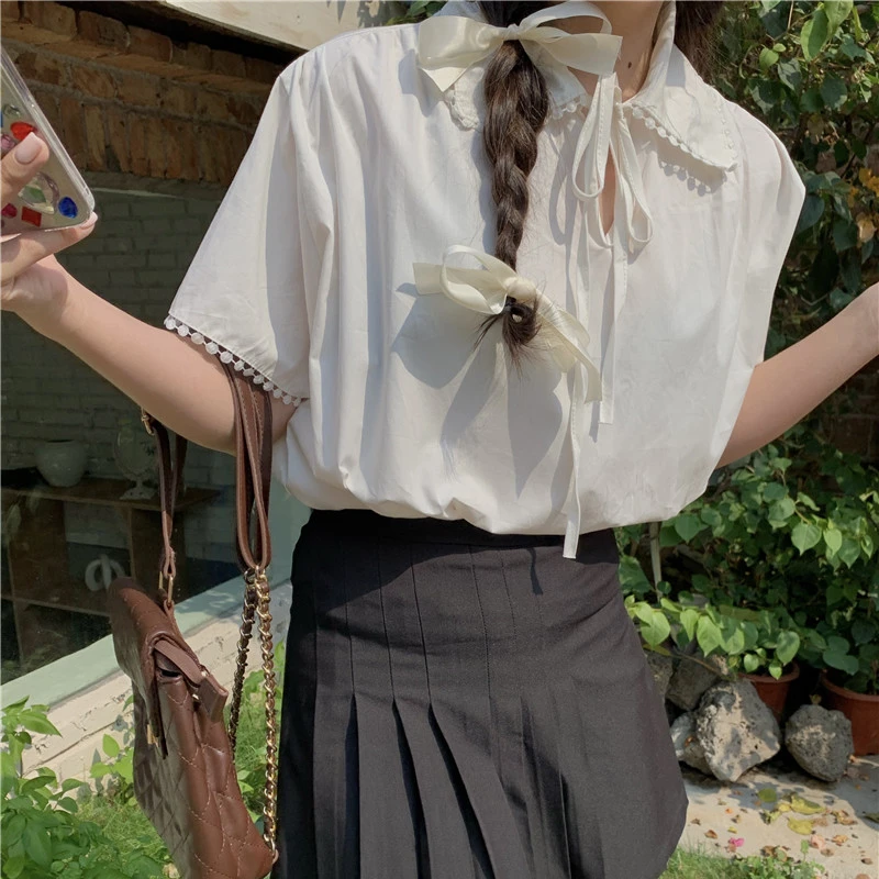 2021 Women Summer Chic Loose Preppy Style T-Shirt Sweet Sailor Collar Short Sleeve Lace-up Shirt Women Casual Blouse Tops M27 
2021 Women Summer Chic Loose Preppy Style T-Shirt Sweet Sailor Collar Short Sleeve Lace-up Shirt Women Casual Blouse Tops M27