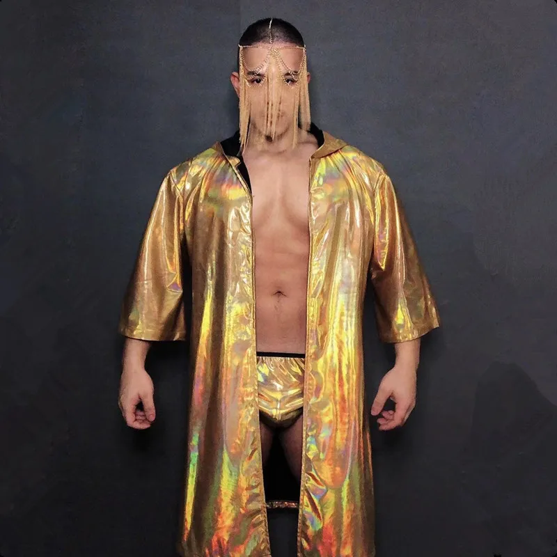 Faux Leather Gold Hooded Cloak Long Coat Shorts Headgear Outfit Male DJ Singer Bar Nightclub Sexy Stage Wear Performance Costume
Faux Leather Gold Hooded Cloak Long Coat Shorts Headgear Outfit Male DJ Singer Bar Nightclub Sexy Stage Wear Performance Costume