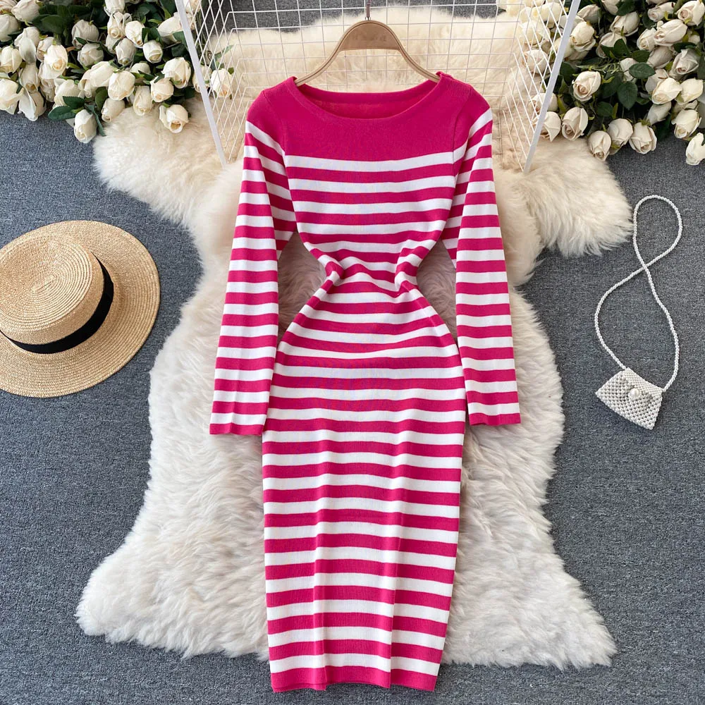 O Neck Women Dresses Knitting Striped Autumn Winter Korean Robe Femme Stretchable Elegant Bodycon Sweater Dress
O Neck Women Dresses Knitting Striped Autumn Winter Korean Robe Femme Stretchable Elegant Bodycon Sweater Dress