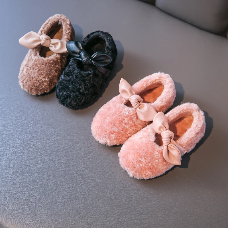 New Winter Baby Girls Fur Shoes Children Princess Toddler Black Brand Flats Sweet Warm Soft Party Mary Jane |