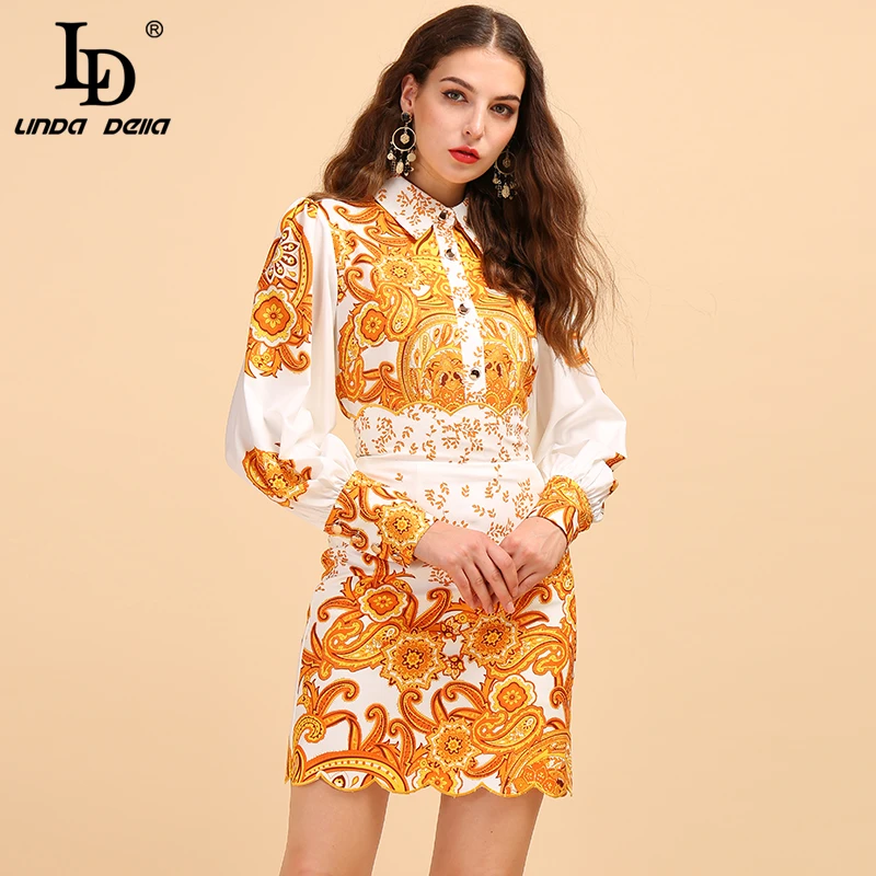 LD LINDA DELLA Runway Fashion Autumn Vintage Suit Women's Puff Sleeve Printed Shirt And High Waist Mini Skirt Two Pieces Set | Женская