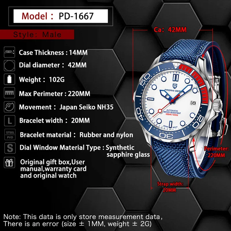 NEW Pagani Design Luxury brand Men's Watches mechanical watch Men waterproof 100M Curved sapphire mirror clock relogio masculino 
NEW Pagani Design Luxury brand Men's Watches mechanical watch Men waterproof 100M Curved sapphire mirror clock relogio masculino
