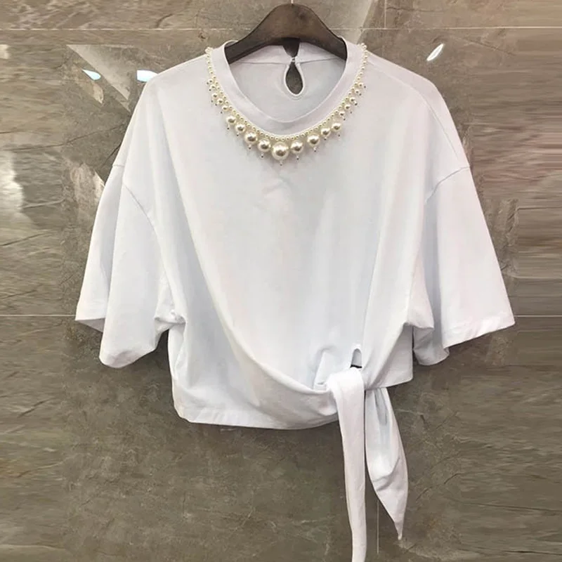 Korean Fashion Beading Bandage T Shirt for Women Casual Loose O-neck Woman Tshirts 2021 Ladies Summer Short Sleeve Tops
Korean Fashion Beading Bandage T Shirt for Women Casual Loose O-neck Woman Tshirts 2021 Ladies Summer Short Sleeve Tops