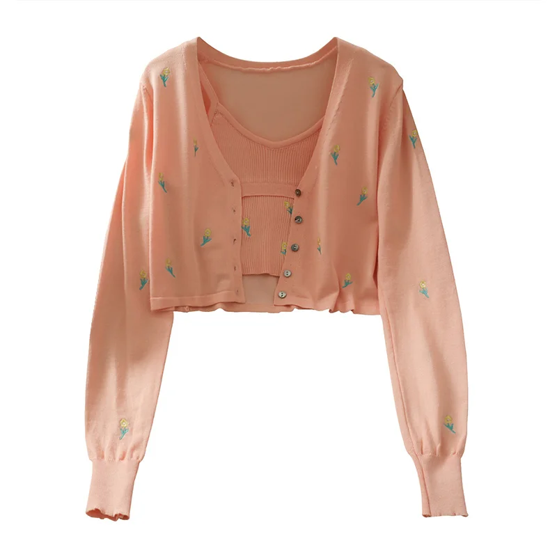 Kimutomo Chic Women Suit 2021 Spring New Embroidered V-neck Single Breasted Thin Cardigan + Short Knitted Sling Two Piece Set
Kimutomo Chic Women Suit 2021 Spring New Embroidered V-neck Single Breasted Thin Cardigan + Short Knitted Sling Two Piece Set