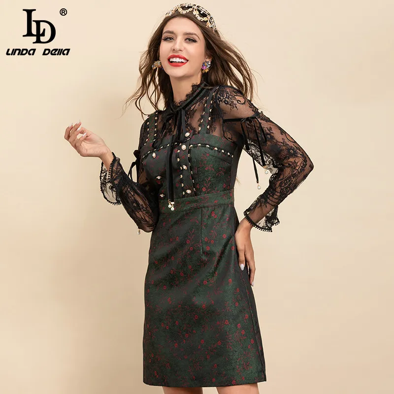 

LD LINDA DELLA, новинка 2021, модное дизайнерское Летнее мини-платье, женское сексуальное прозрачное кружевное винтажное платье с длинным рукавом и ...