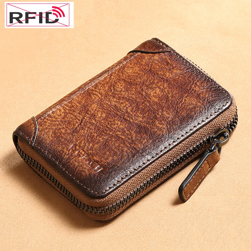 Фото Rfid кошелек для карточек из натуральной кожи Винтаж светло коричневая кожаная