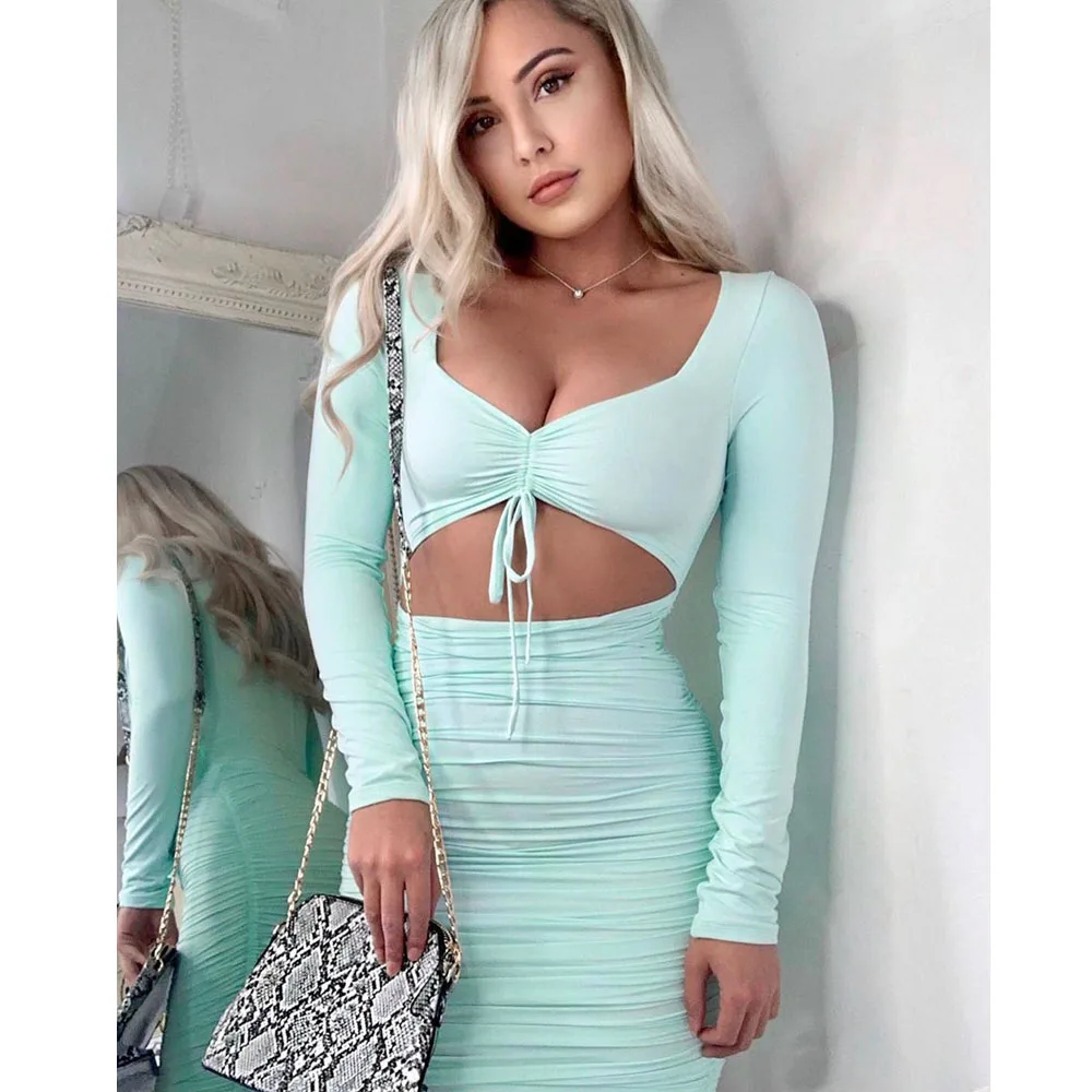 

Summer new women's turquoise low-collar v collar long-sleeved ruffled bow tie bow tie mini short dress
