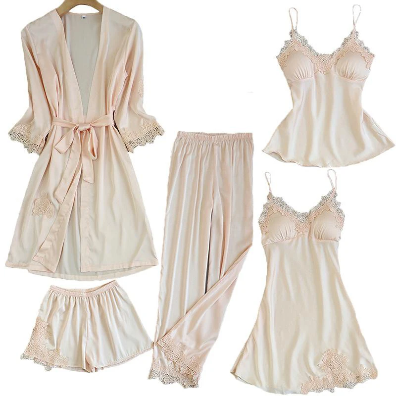 Satin Lace Pajamas Set Women 5PC Strap Top Pants Sleepwear Sleep Suit Spring Autumn Pyjamas Home Wear Nightwear Robe Gown M-XXL
Satin Lace Pajamas Set Women 5PC Strap Top Pants Sleepwear Sleep Suit Spring Autumn Pyjamas Home Wear Nightwear Robe Gown M-XXL