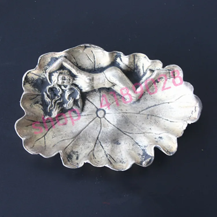 Тарелка/блюдо из чистой белой меди с рельефной скульптурой в виде листьев лотоса