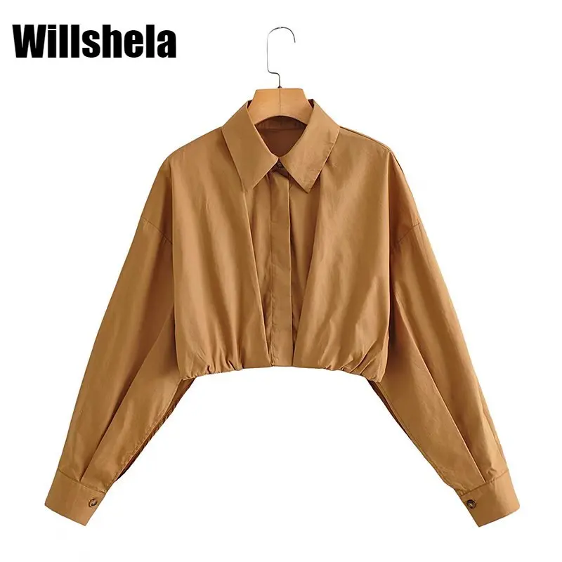 Willshela Women Fashion Pleated Cropped Shirt with Lapel Collar Long Cuffed Sleeves Single-breasted Chic Lady Woman Casual Top 
Willshela Women Fashion Pleated Cropped Shirt with Lapel Collar Long Cuffed Sleeves Single-breasted Chic Lady Woman Casual Top