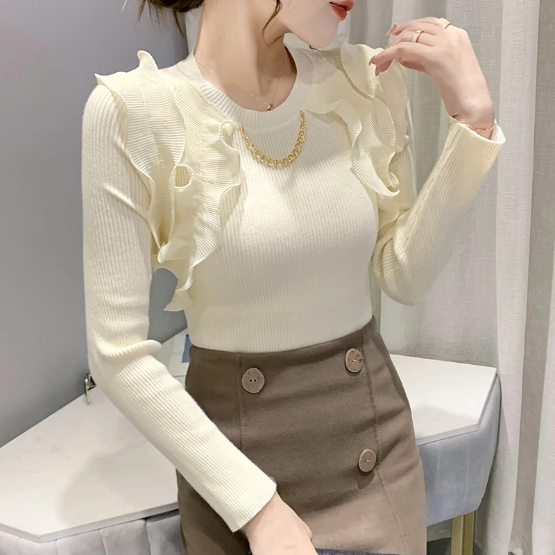 Knitted Chiffon Stitching Agaric Edge Long Sleeve Female Round Collar Design Pullovers Render Unlined Upper Garment New Winter
Knitted Chiffon Stitching Agaric Edge Long Sleeve Female Round Collar Design Pullovers Render Unlined Upper Garment New Winter
