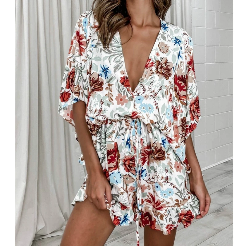 Ladies Summer Casual Beach Floral Printing Romper Playsuits Short Sleeve V Neck Jumpsuits Shorts With Drawstring Vacation Women
Ladies Summer Casual Beach Floral Printing Romper Playsuits Short Sleeve V Neck Jumpsuits Shorts With Drawstring Vacation Women