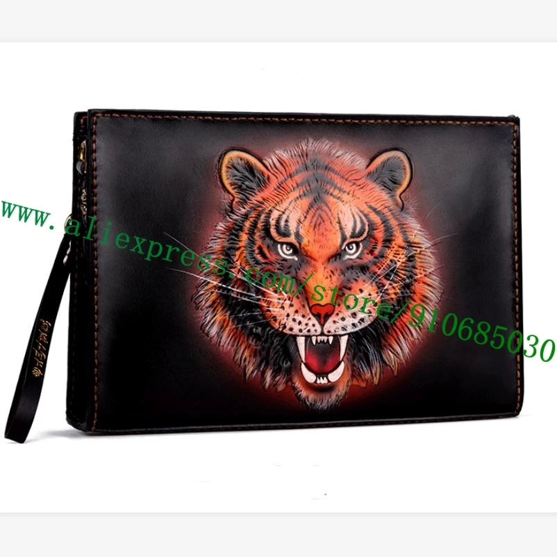 

Unique! 100% Hand-Painting Crafted Leather Dyeing Engraving Men Zippy Clutch Shoulder Bag Pochette Italy Imported Material Tiger