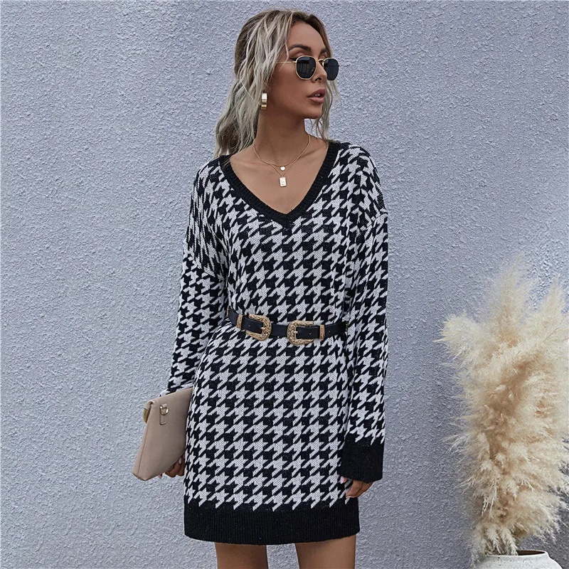 Women's Sweater Dress Casual Long Sleeve V Neck Houndstooth Print Loose Knit Pullover Dress Spring Fall Streetwear Outwear 
Women's Sweater Dress Casual Long Sleeve V Neck Houndstooth Print Loose Knit Pullover Dress Spring Fall Streetwear Outwear