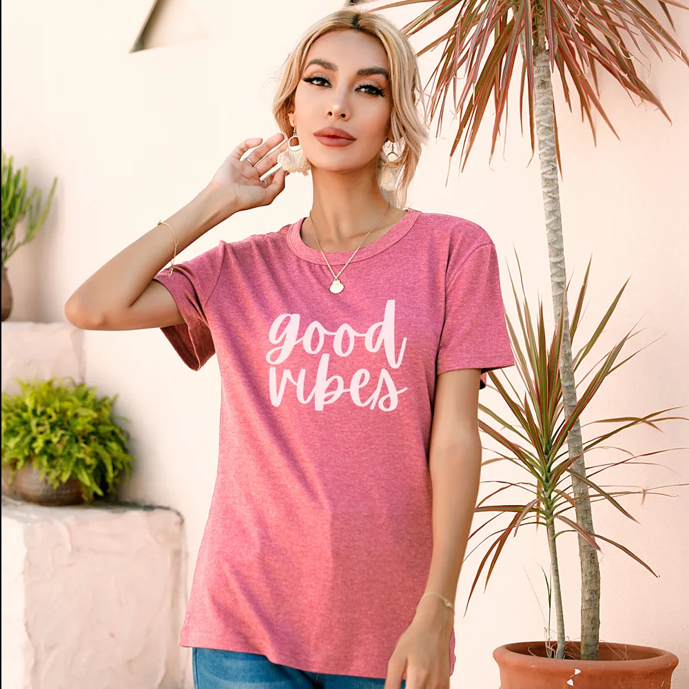 Summer Female Regular Colored Cotten 90s Casual Fashion Funny Good Vides Letter Print Women Tops Short Sleeve Crew Neck Lady 
Summer Female Regular Colored Cotten 90s Casual Fashion Funny Good Vides Letter Print Women Tops Short Sleeve Crew Neck Lady