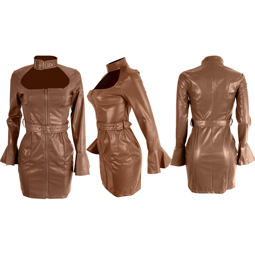 PU Leather Party Dress Flare Sleeve Front Zipper Slim Bodycon Short Dress Deep V-neck Patchwork Elegant Solid Color Outfits
PU Leather Party Dress Flare Sleeve Front Zipper Slim Bodycon Short Dress Deep V-neck Patchwork Elegant Solid Color Outfits
