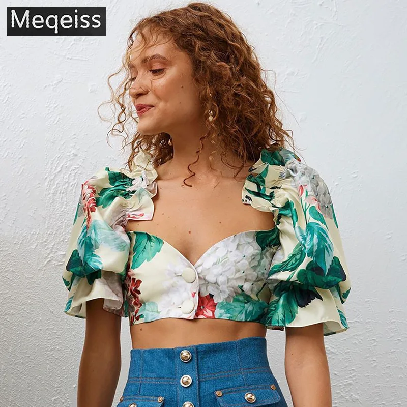 

Meqeiss New Summer Fashion Casual Patchwork Print Puff Sleeve Chest-wrapped Navel Slim Short Top Women Nightclub club sexy tops