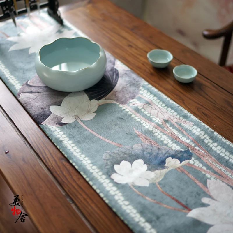 

Table runner Chinese Zen style New Chinese high-end light luxury fabric tablecloth Neo-classical lotus bed cloth coffee table ta