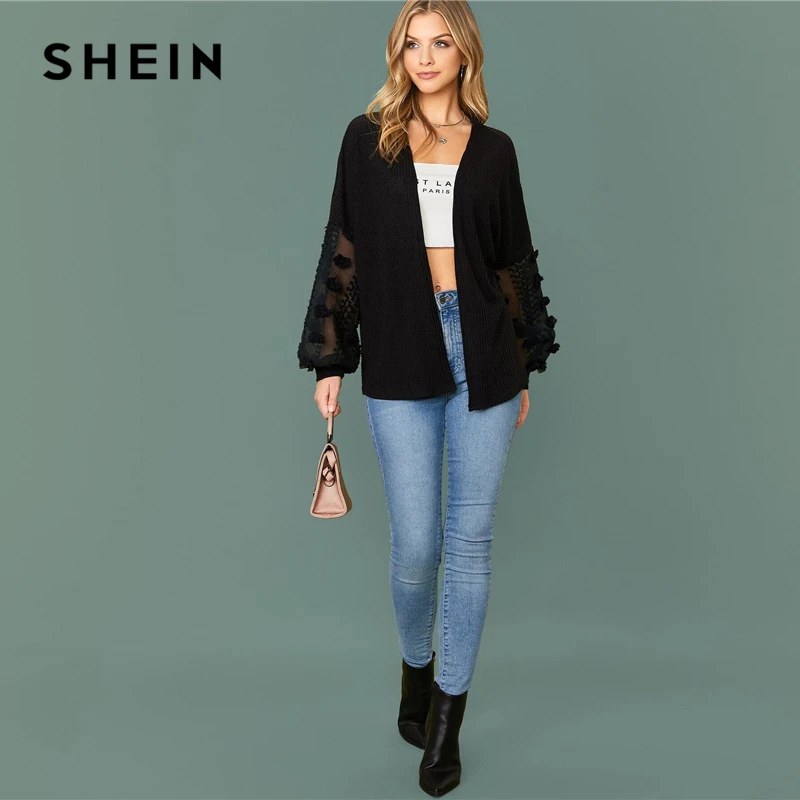 

SHEIN Black Swiss Dot Mesh Lantern Sleeve Rib-knit Coat Oversized Top Women 2020 Autumn Office Lady Solid Casual Outwear Coats