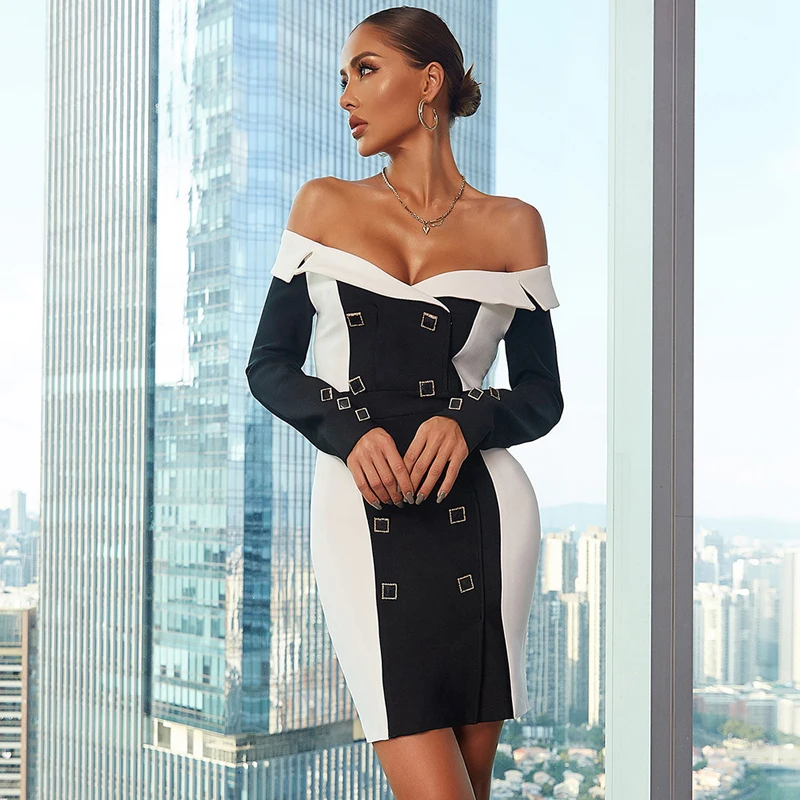 Wholesale Woman's Stretch Knit Black White Stitching Long Sleeve Slash Neck Sexy Cocktail Party Bandage Dress
Wholesale Woman's Stretch Knit Black White Stitching Long Sleeve Slash Neck Sexy Cocktail Party Bandage Dress