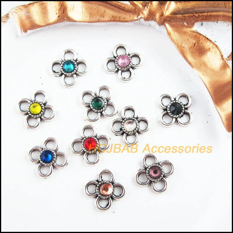 

20 New Clover Charms Tibetan Silver Tone Retro Mixed Crystal Connectors 11.5mm