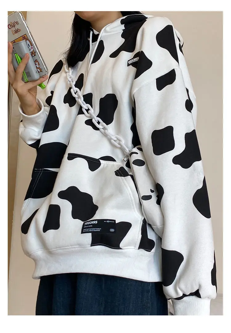 Cute Dairy Cow Kpop Women Hoodie Oversized Warm Pocket Hooded Sweatshirt Winter Harajuku Hoddies Loose Print Polerones Mujer | Женская