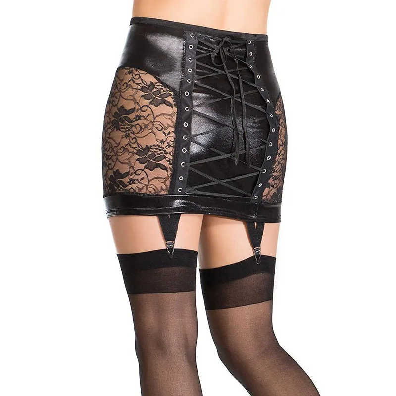 Lace Up Novelty See Through Skirt Women PU Leather Bodycon Clubwear Floral Lace Package Hip Skirt Sexy Gothic Skirt With Garter
Lace Up Novelty See Through Skirt Women PU Leather Bodycon Clubwear Floral Lace Package Hip Skirt Sexy Gothic Skirt With Garter