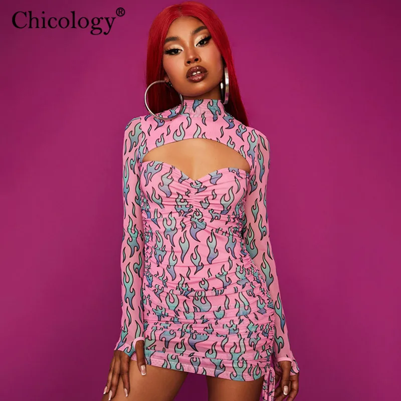 Chicology розовый огонь Y2K милое платье с длинным рукавом Bodycon Вечерние Клубные наряды