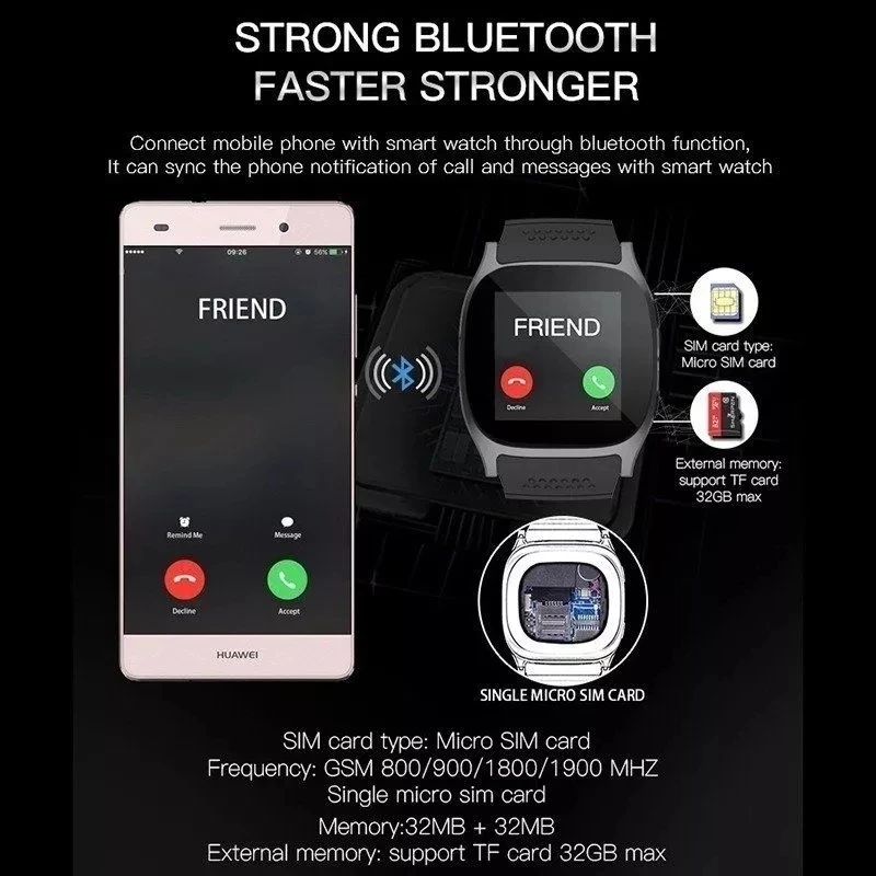 Смарт-часы T8 Bluetooth часы фитнес-трекер кровяное давление поддержка SIM TF карты