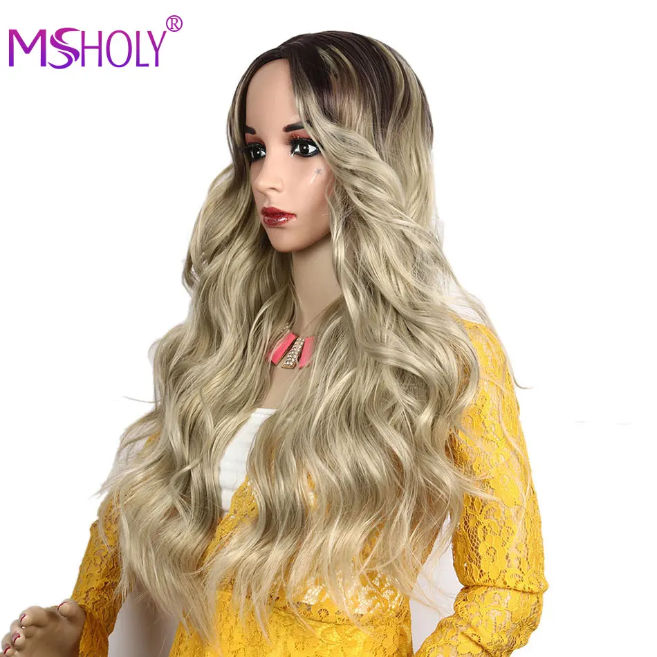 Long Mix Brown Blonde Wig Heat Resistant Synthetic Wigs Body Wave Ombre Hair for Women African American Msholy | Шиньоны и парики
