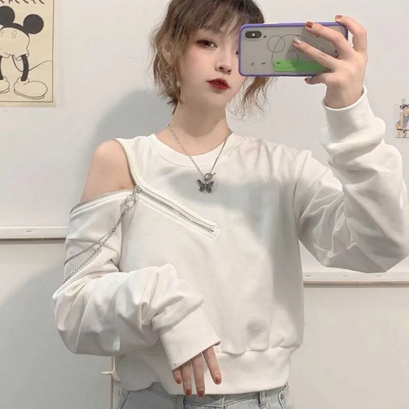 Short Off-the-shoulder Short-sleeved Female Korean Version Of Loose Design Zipper Fried Street Long-sleeved Top Autumn 2021
Short Off-the-shoulder Short-sleeved Female Korean Version Of Loose Design Zipper Fried Street Long-sleeved Top Autumn 2021