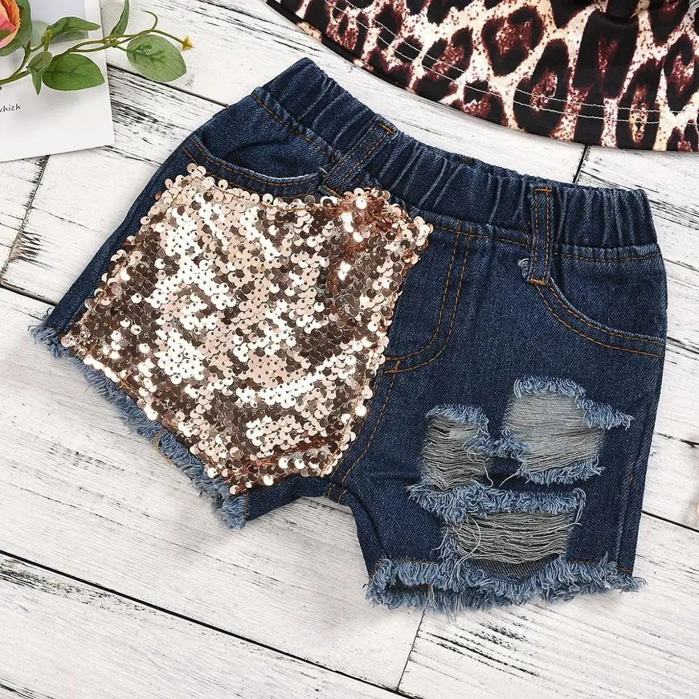Children Clothes Summer Sequin Baby Girls Clothes Set Leopard Top+Denim Shorts Tracksuit Suit Kids Outfits For Toddler Clothes
Children Clothes Summer Sequin Baby Girls Clothes Set Leopard Top+Denim Shorts Tracksuit Suit Kids Outfits For Toddler Clothes