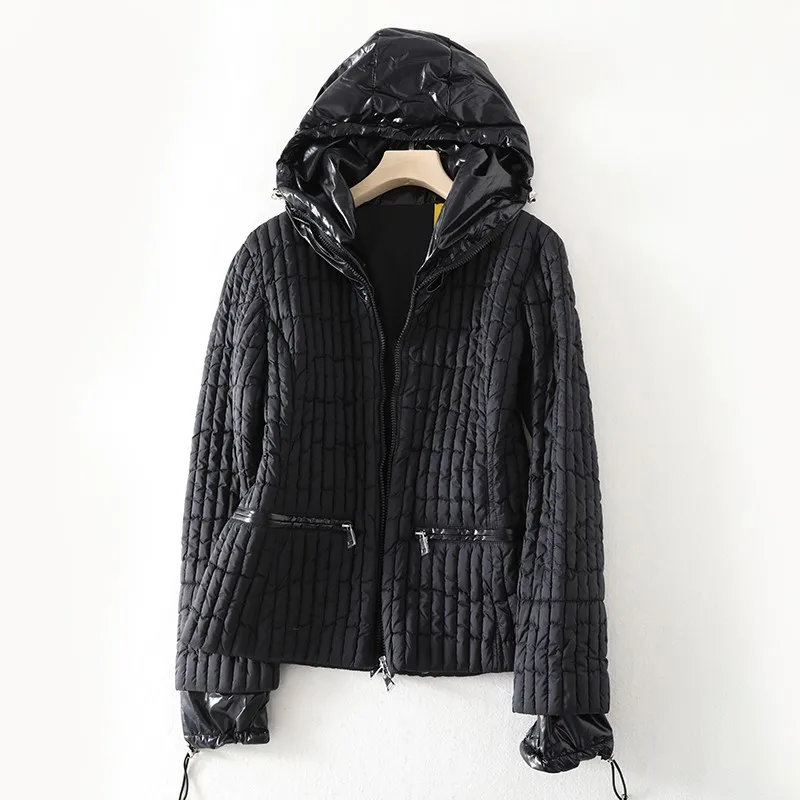Winter Down Jacket Women Casual Small Stripe Down Jacket Hooded Collar Long Sleeve Zip Placket Cuff Drawcord Zip Pocket YR01097
Winter Down Jacket Women Casual Small Stripe Down Jacket Hooded Collar Long Sleeve Zip Placket Cuff Drawcord Zip Pocket YR01097