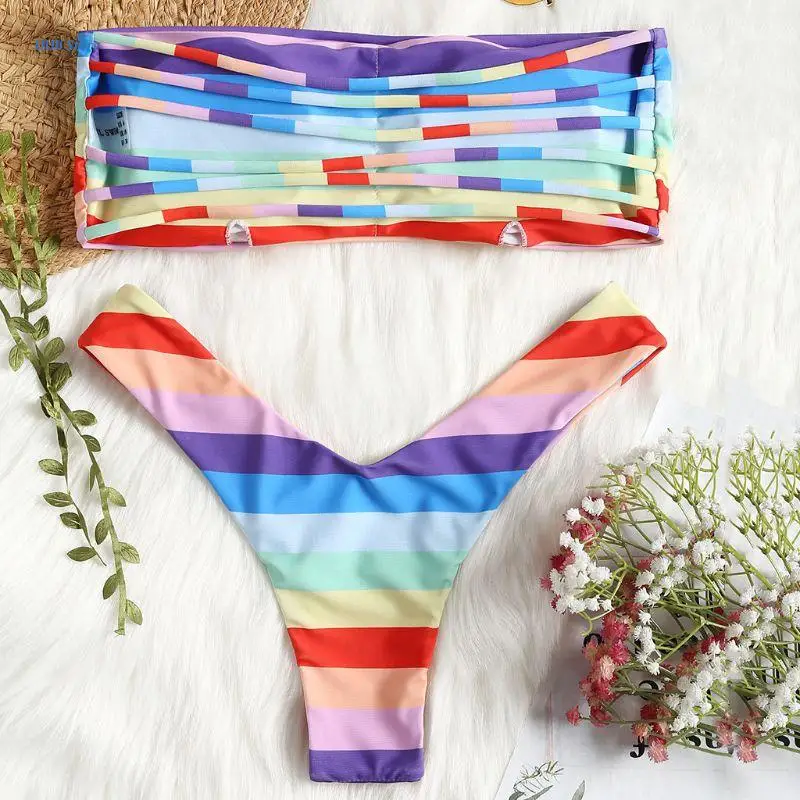 XX9D Womens Sexy Two-Piece Bikini Set Off The Shoulder Bandeau Bra Low Waist Triangle Thong Rainbow Cross Stripes Swimsuit
XX9D Womens Sexy Two-Piece Bikini Set Off The Shoulder Bandeau Bra Low Waist Triangle Thong Rainbow Cross Stripes Swimsuit